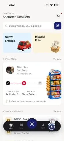 Panel de BimboNecta con entregas, historial de ruta y visita actual a la tienda