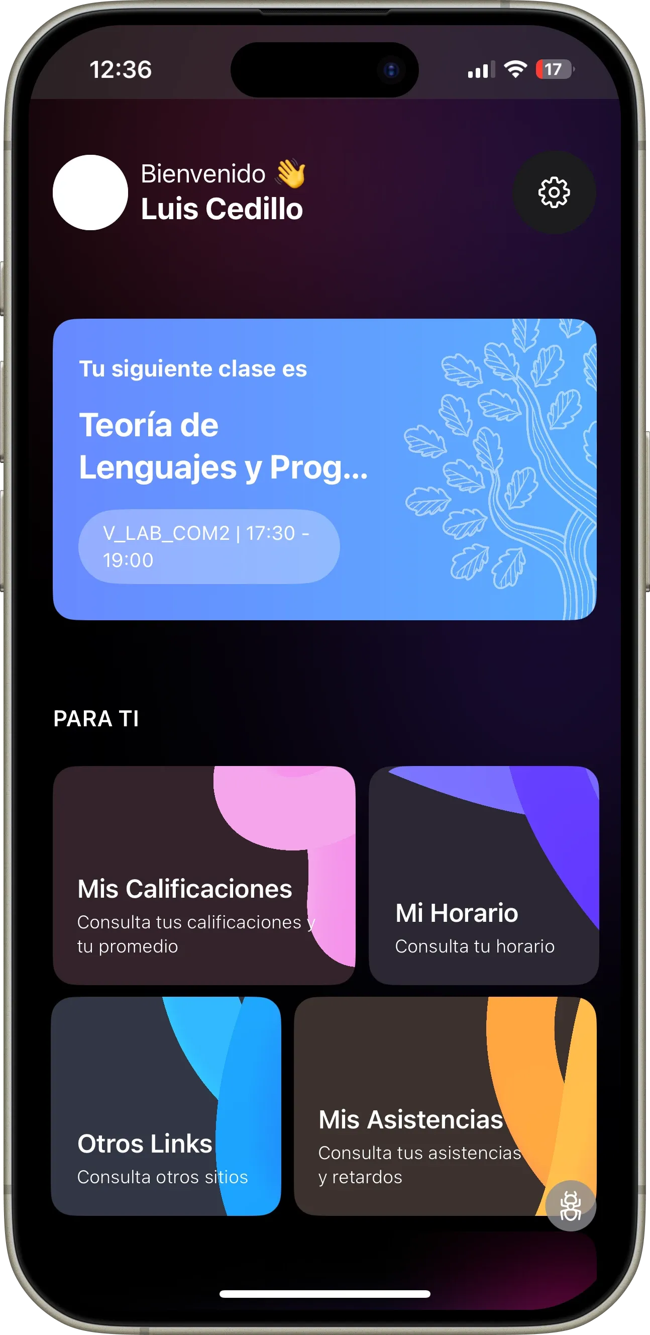 Panel de estudiante de UPocket con resumen académico